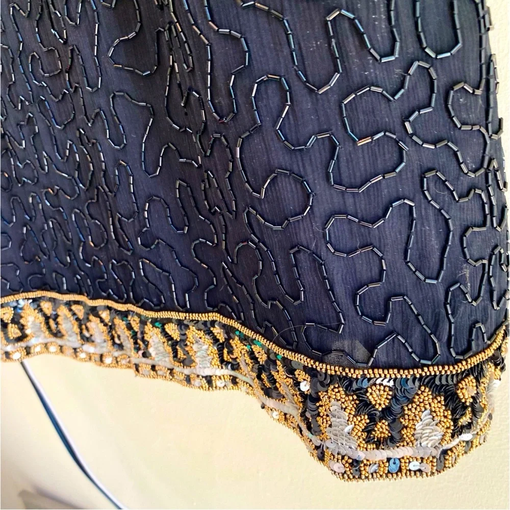 Vintage Beaded Cocktail Dress, 100% Black Silk, Beads & Sequins,by L Kazar,NY,2X - Picture 4 of 14